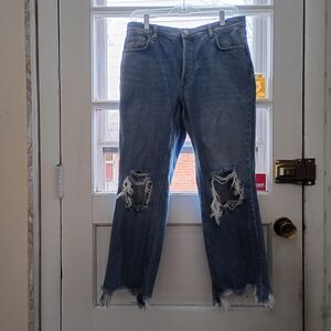 Free People Jeans Women's 28 Blue Cropped Distressed Frayed Hem Button Fly